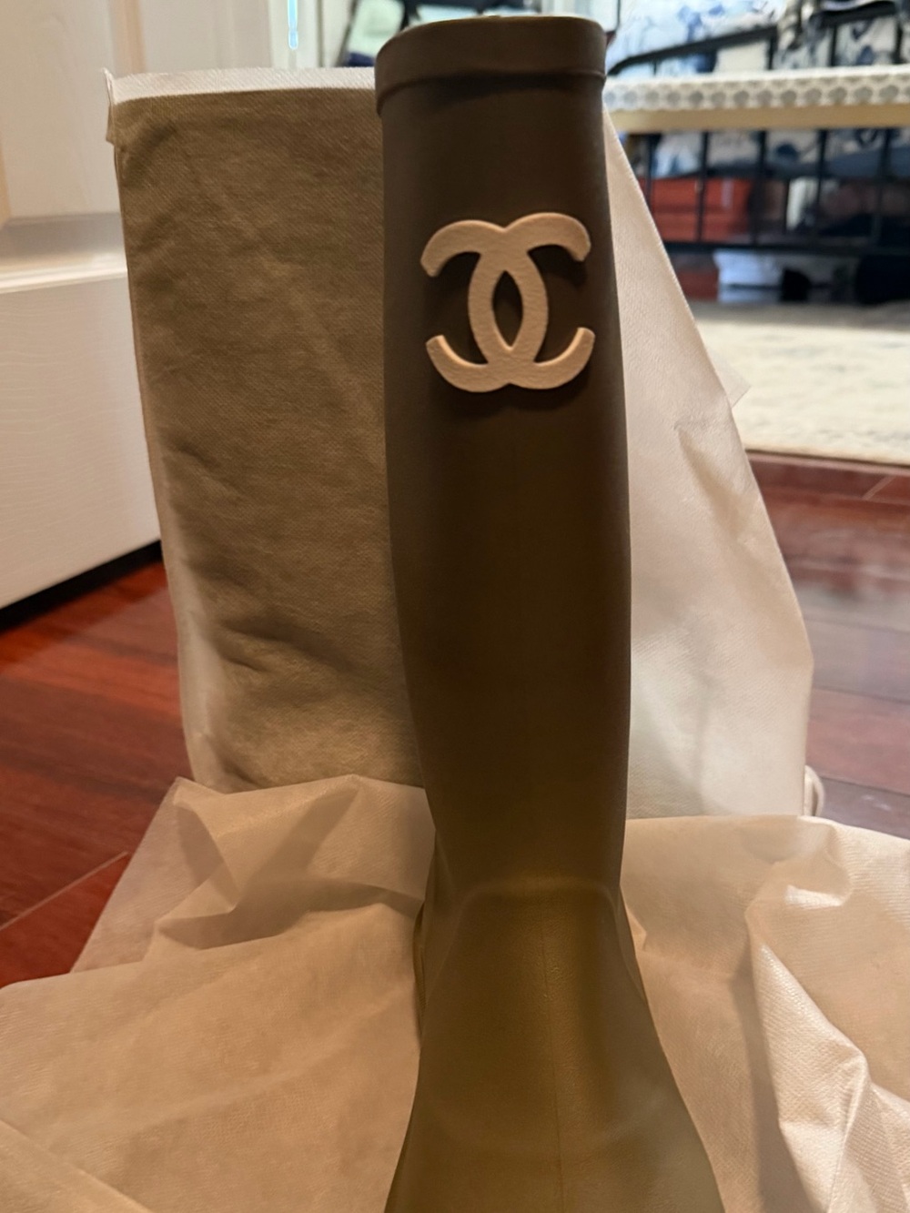 CHANEL Olive Green Knee-High Boot with White CC Emblem